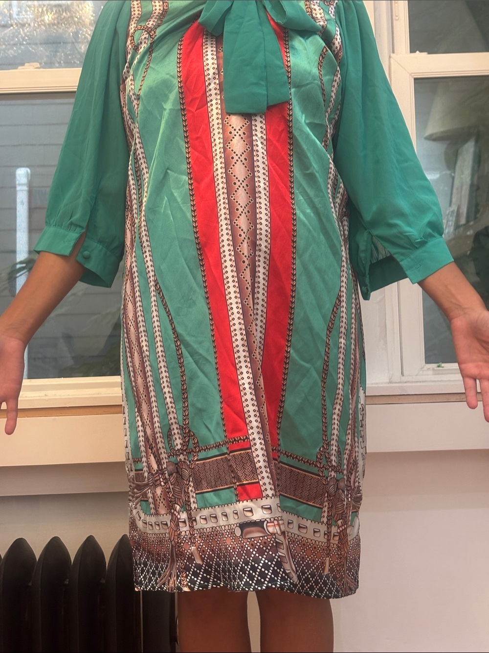 Green and Red Patterned Tie-Neck Dress